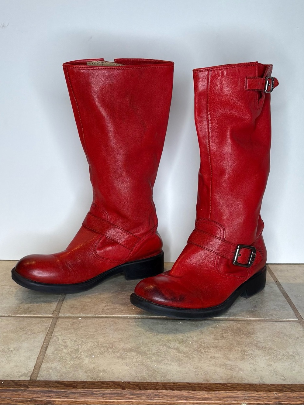 Boys Frye Red Leather Mid-Calf Buckle Boots